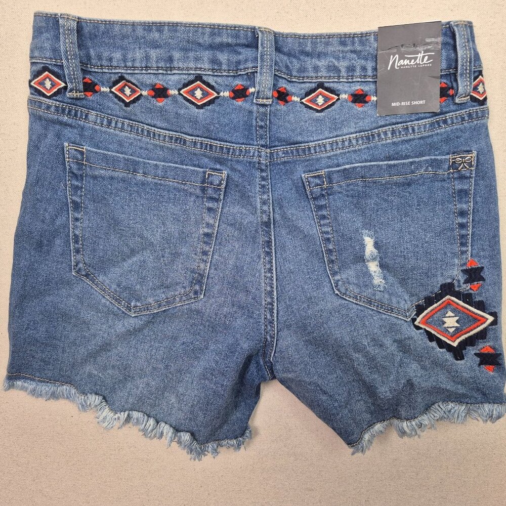 Nanette Lepore Women's Mid-Rise Embroidered Cut Off Distressed Denim Jean Shorts - Picture 2 of 4